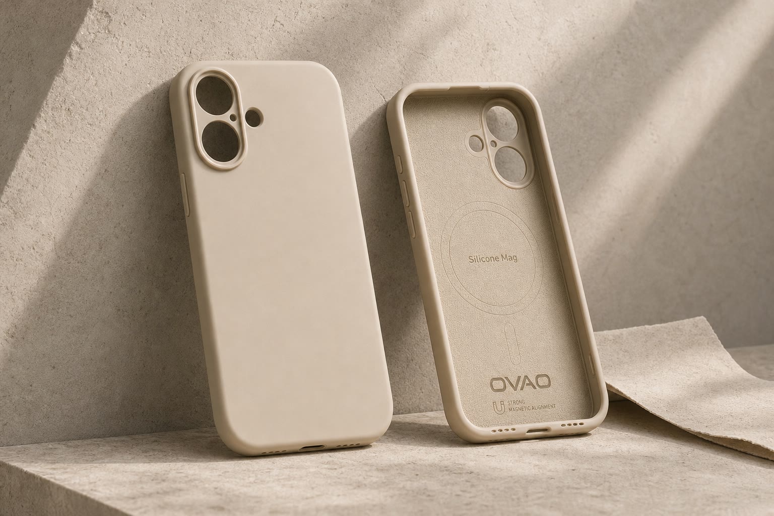 Dwa etui OVAO w kolorze ivory pokazane od gładkiej strony zewnętrznej i od strony wnętrza z pierścieniem magnetycznym