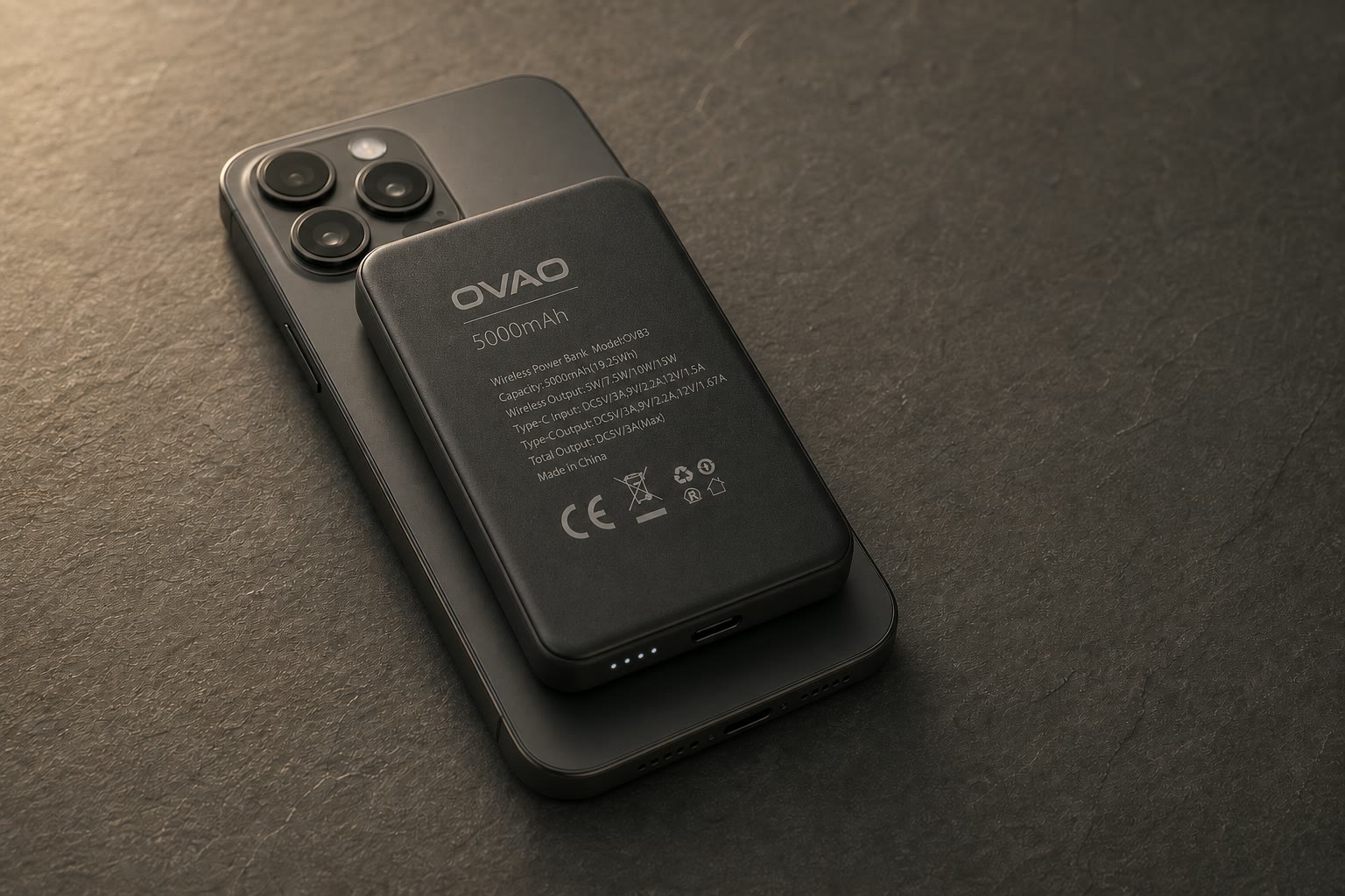 Czarny powerbank magnetyczny OVAO OVB3 prawidłowo zamocowany do telefonu, z widoczną zewnętrzną stroną 5000 mAh