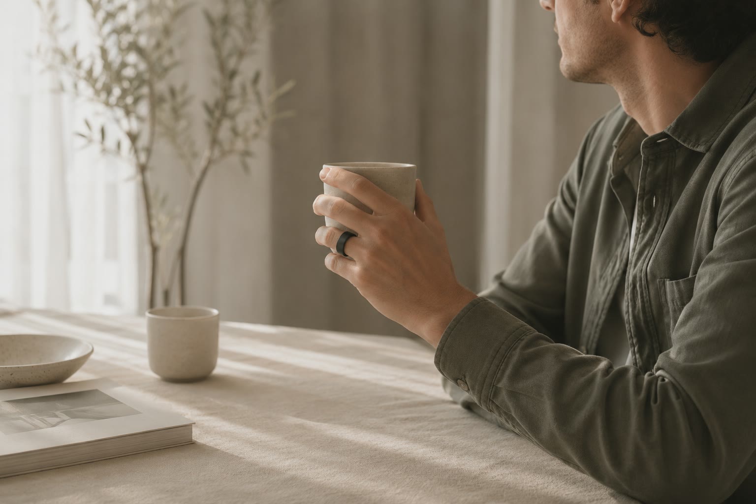 Mężczyzna trzymający kubek i noszący smart ring OVAO Onyx
