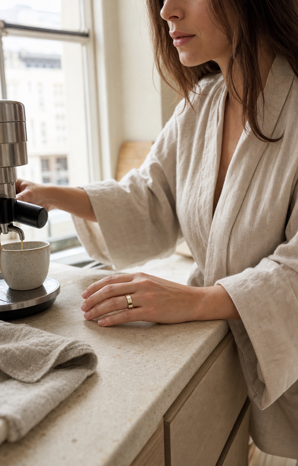 Kobieta przygotowuje poranne espresso, na dłoni ma błyszczący ring OVAO Champagne