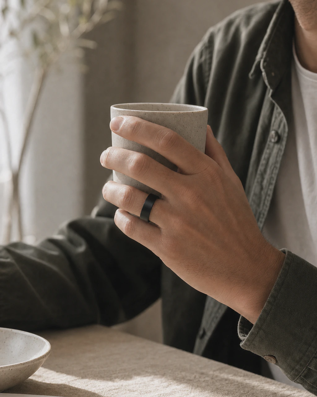 Smart ring OVAO-07 Onyx noszony podczas spokojnej chwili z ceramicznym kubkiem